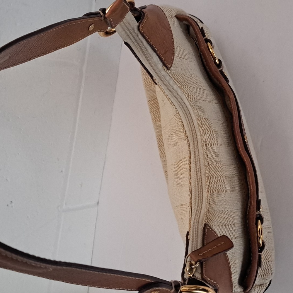 Etienne Aigner Leather And Woven Fabric Shoulder Bag Gold Metal Ring Accents - Picture 8 of 16